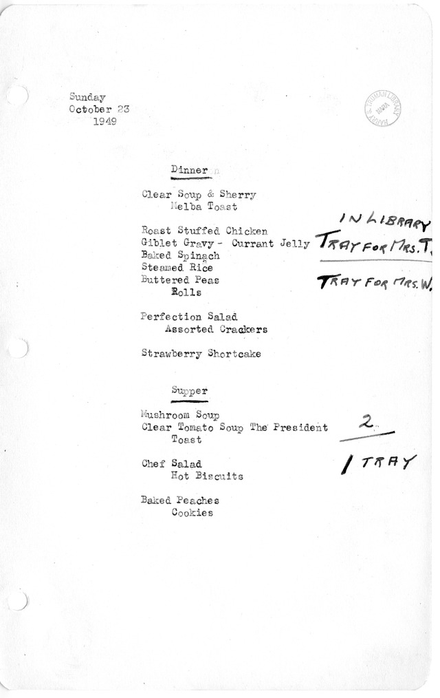 White House Dinner and Supper Menu