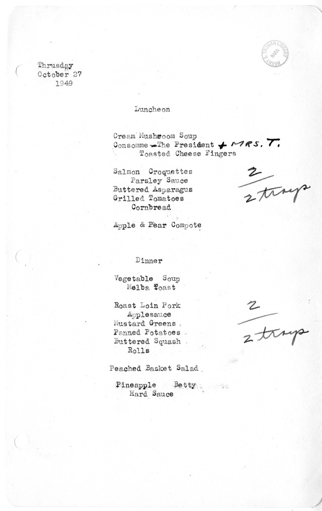 White House Luncheon and Dinner Menu