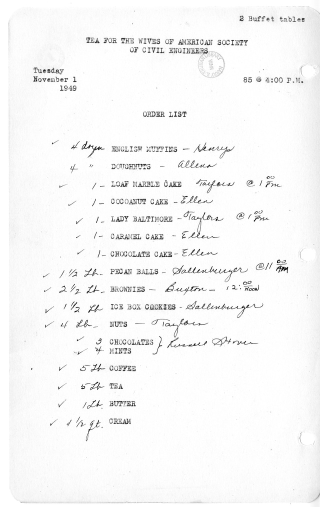 Shopping List for Tea for the Wives of American Society of Civil Engineers