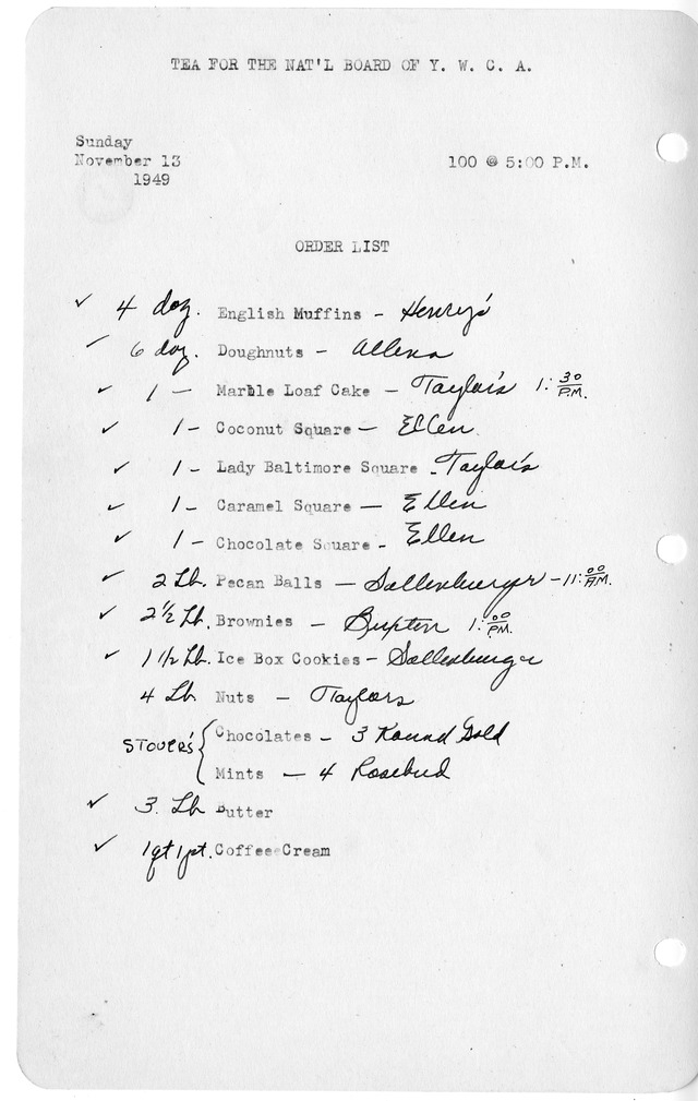 Shopping List for Tea for the National Board of Young Women's Christian Association (Y. W. C. A.)