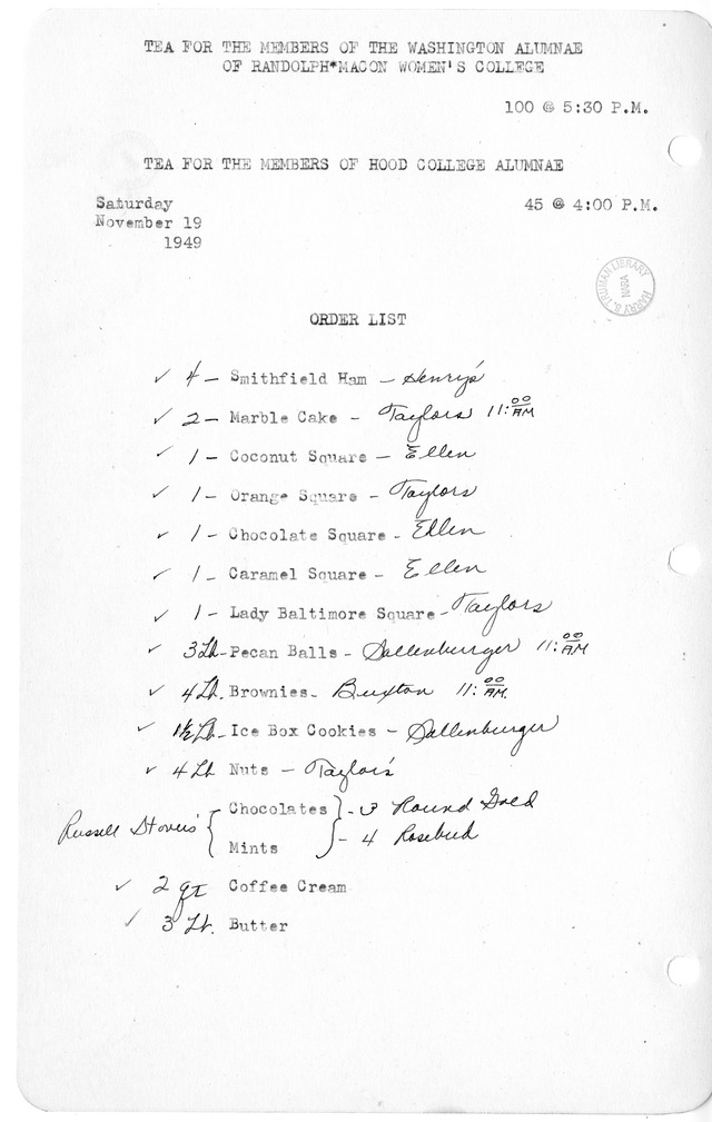 Shopping List for Tea for the Members of the Washington Alumnae of Randolph-Macon Women's College - and a Tea for the Members of Hood College Alumnae