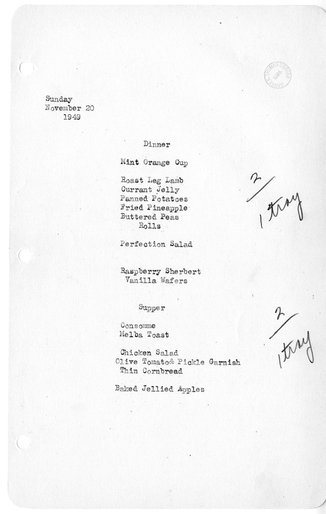 White House Dinner and Supper Menu