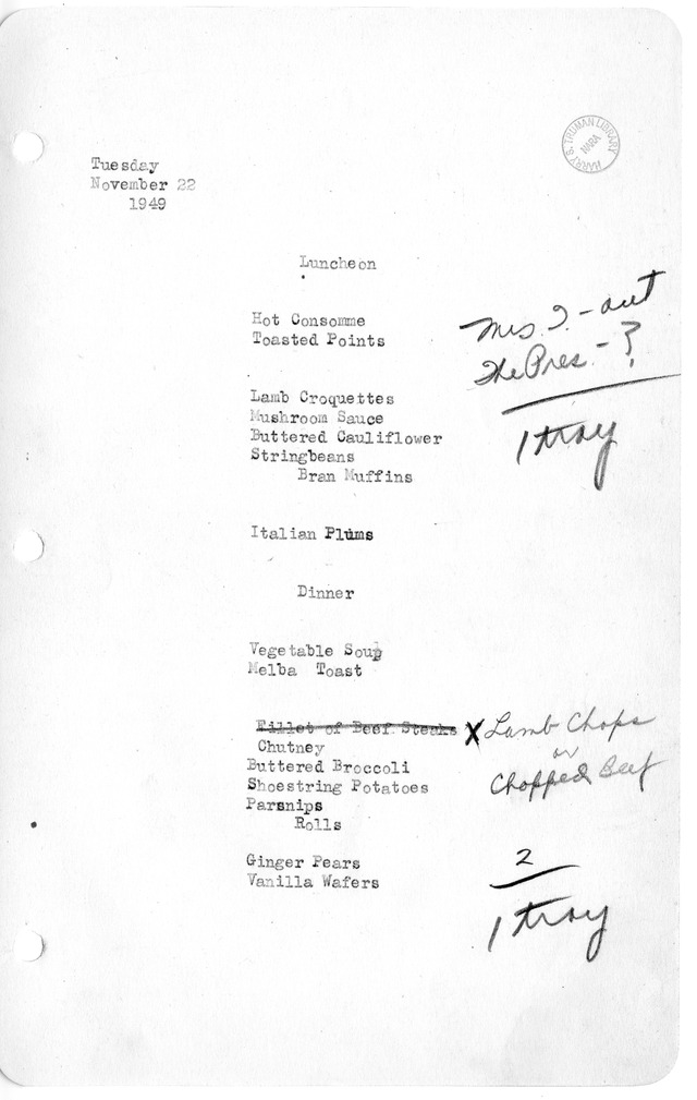 White House Luncheon and Dinner Menu