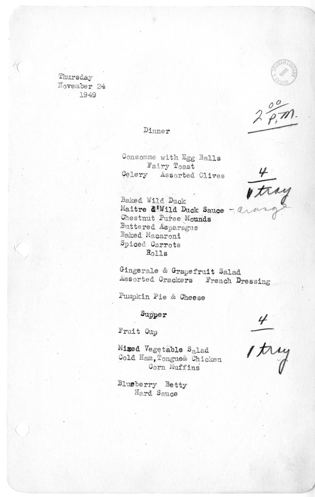 White House Dinner and Supper Menu