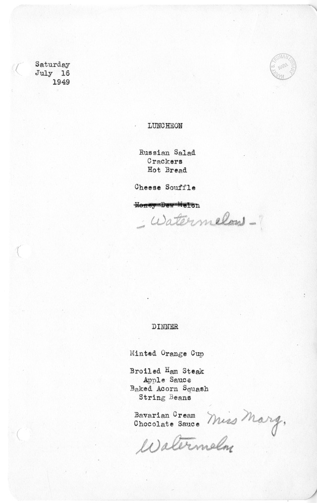 White House Luncheon and Dinner Menu