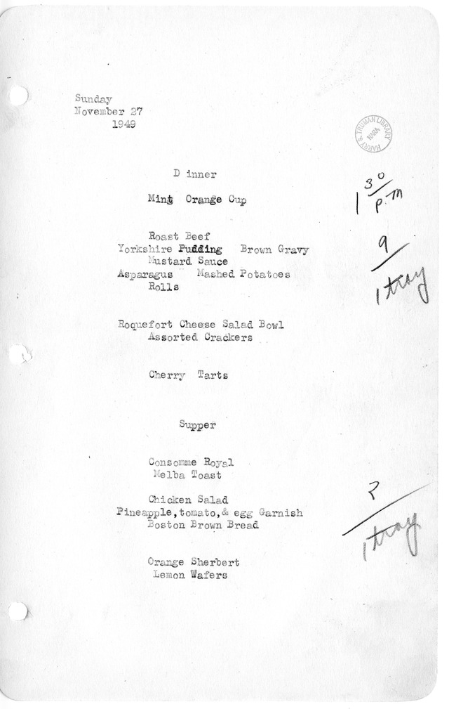 White House Dinner and Supper Menu
