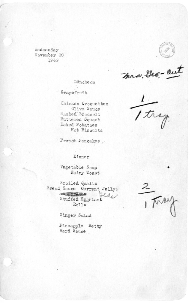 White House Luncheon and Dinner Menu