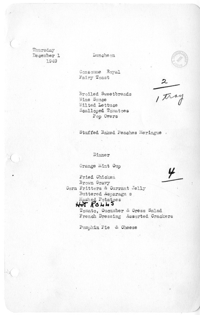 White House Luncheon and Dinner Menu