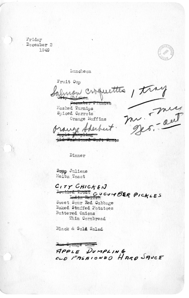 White House Luncheon and Dinner Menu