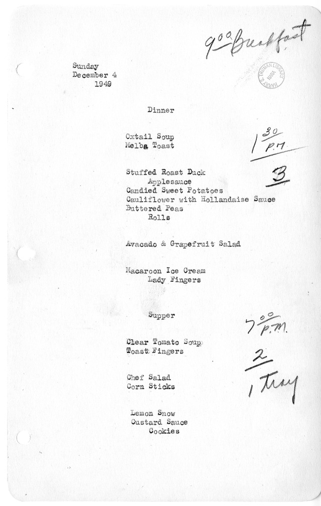 White House Dinner and Supper Menu