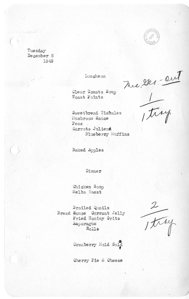 White House Luncheon and Dinner Menu