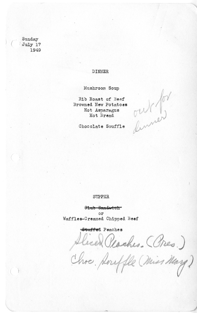 White House Dinner and Supper Menu