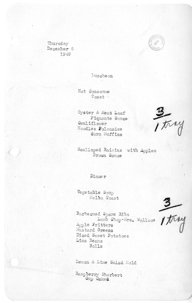 White House Luncheon and Dinner Menu
