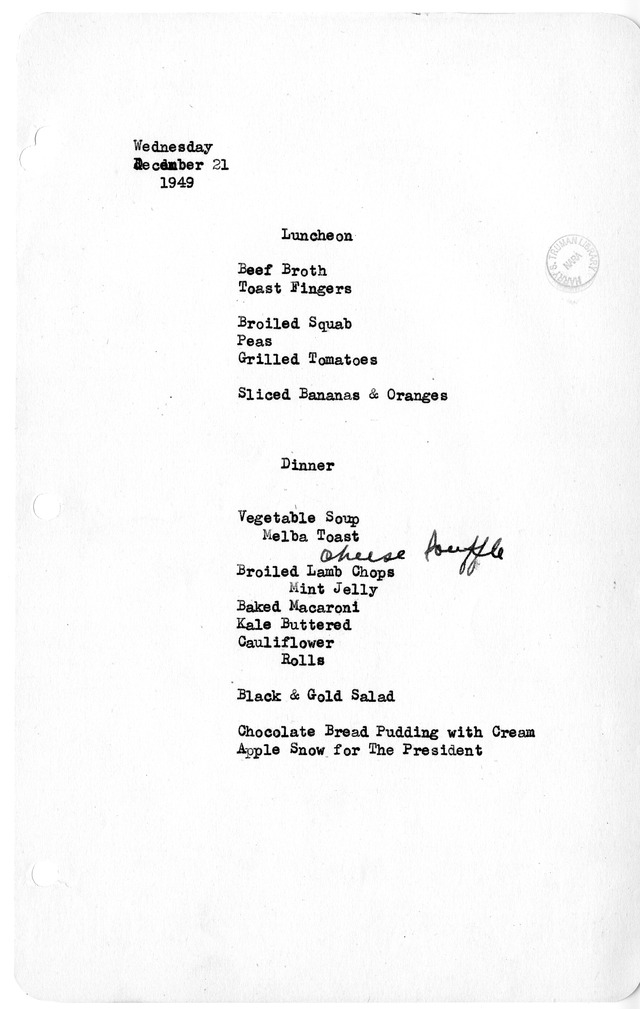 White House Luncheon and Dinner Menu