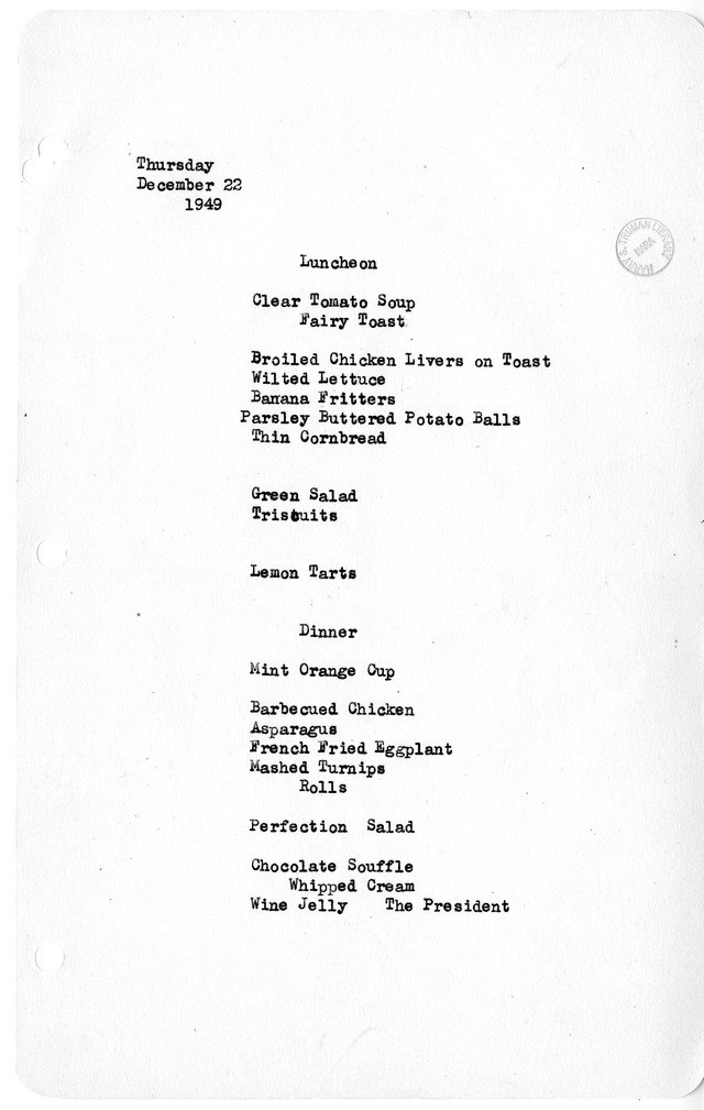White House Luncheon and Dinner Menu