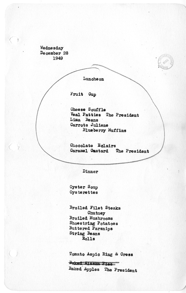 White House Luncheon and Dinner Menu