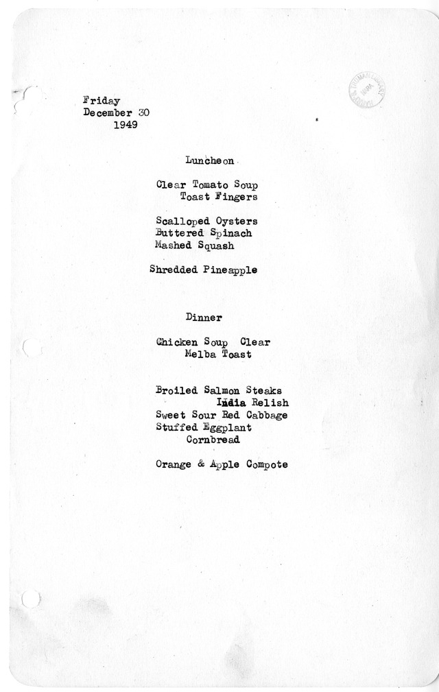 White House Luncheon and Dinner Menu