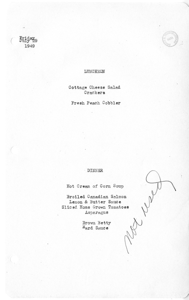 White House Luncheon and Dinner Menu