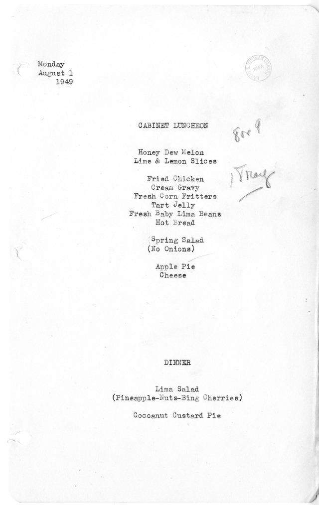 White House Luncheon and Dinner Menu
