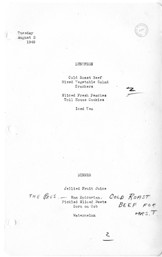 White House Luncheon and Dinner Menu