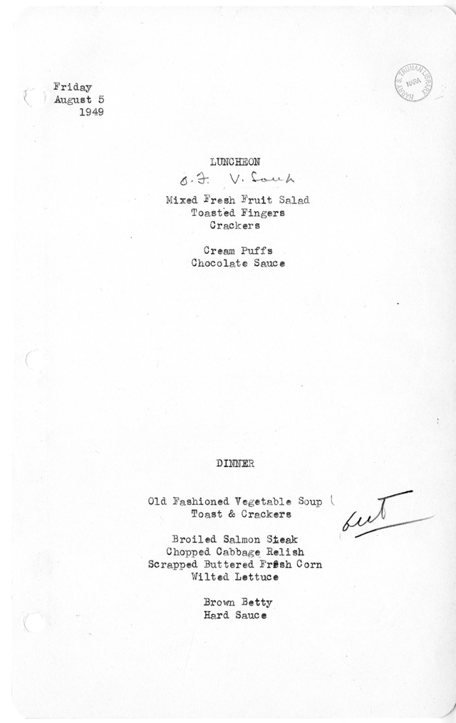 White House Luncheon and Dinner Menu