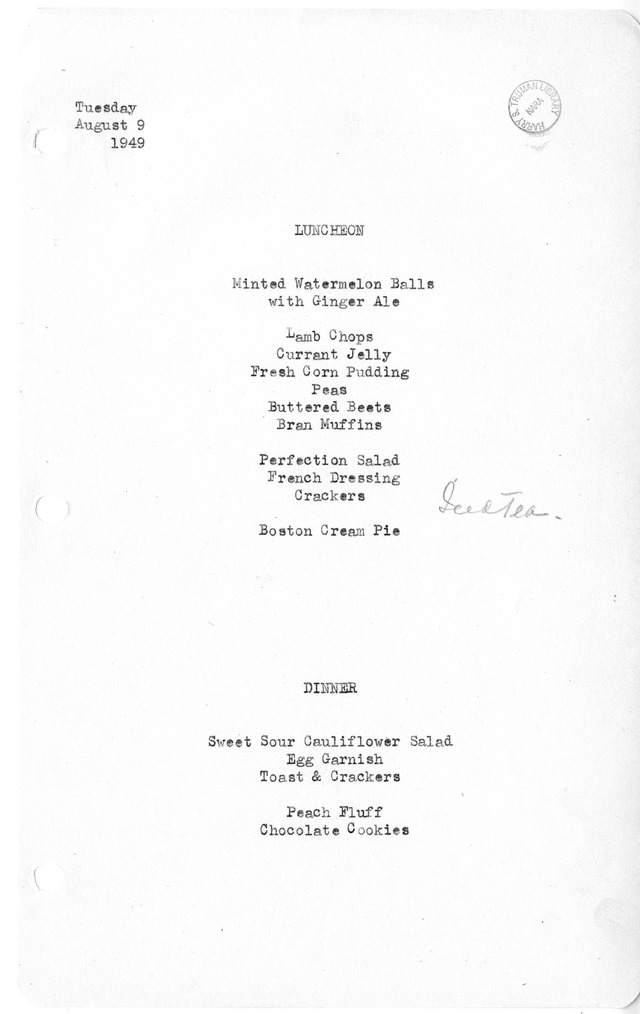 White House Luncheon and Dinner Menu
