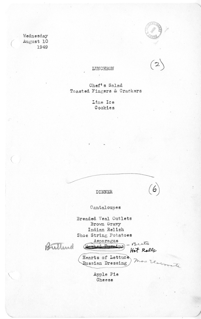 White House Luncheon and Dinner Menu
