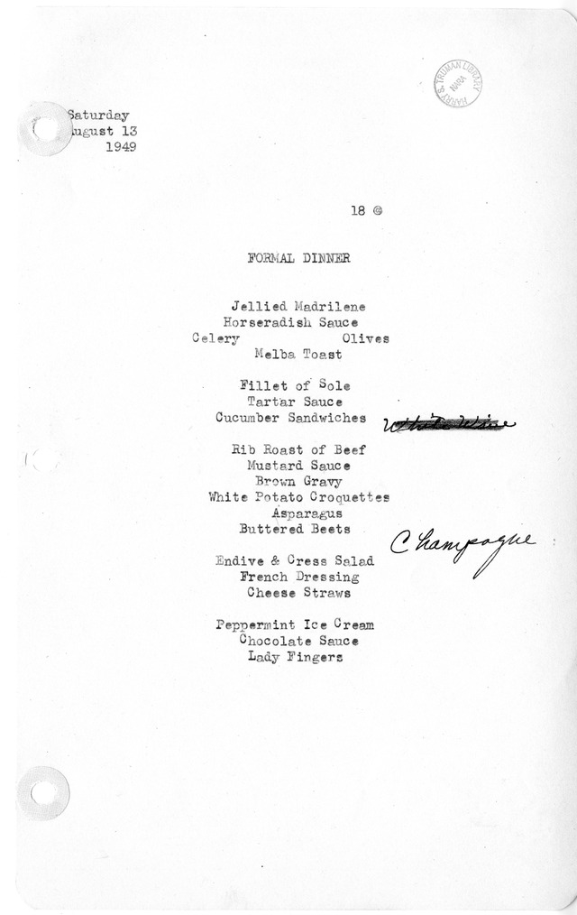 White House Formal Dinner Menu for Margaret Truman