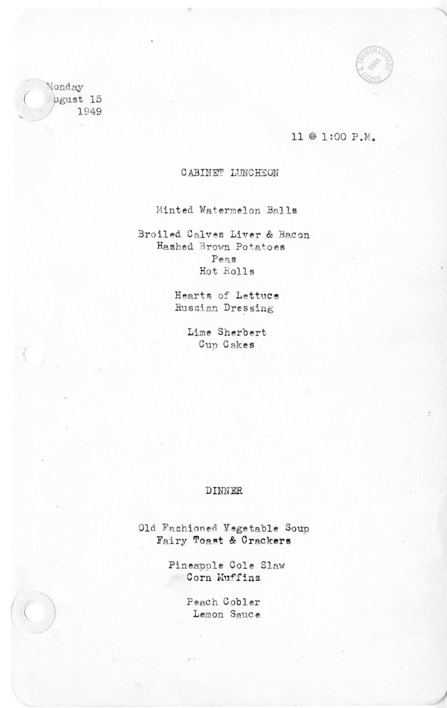 White House Luncheon and Dinner Menu