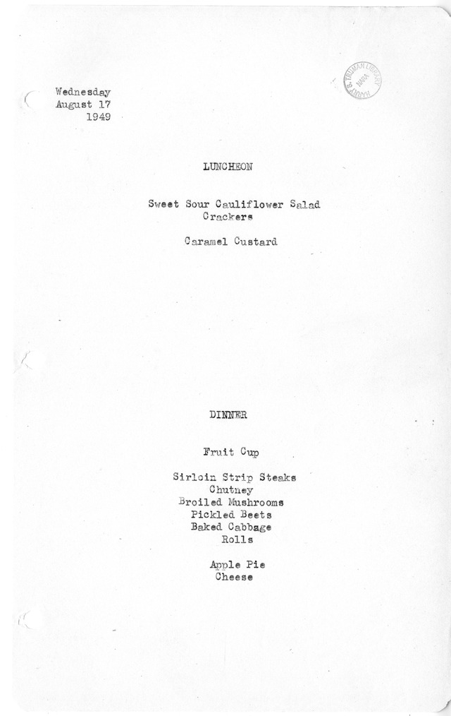 White House Luncheon and Dinner Menu