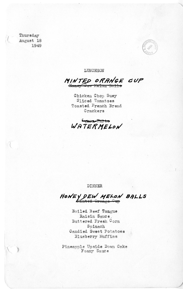 White House Luncheon and Dinner Menu