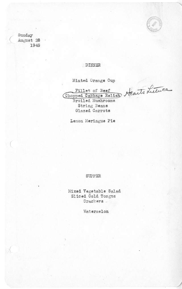 White House Dinner and Supper Menu