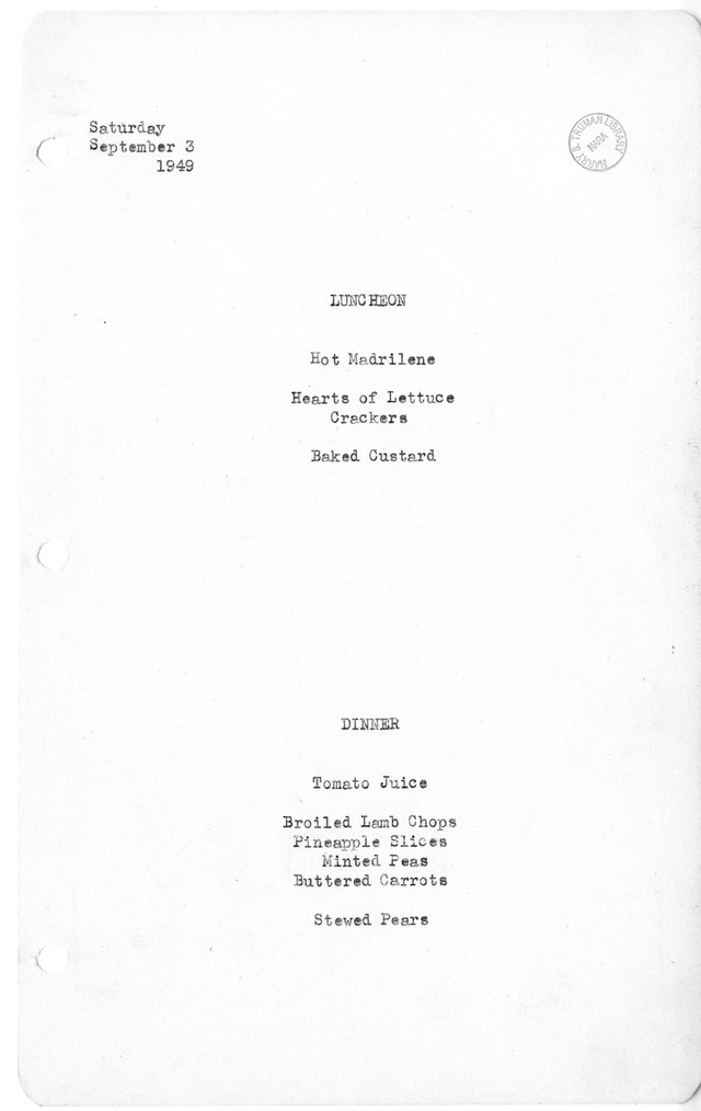 White House Luncheon and Dinner Menu