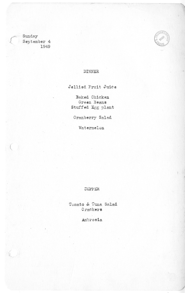 White House Dinner and Supper Menu