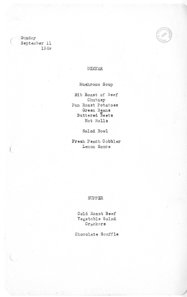 White House Dinner and Supper Menu