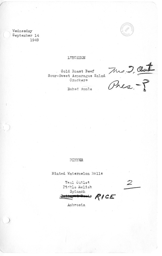 White House Luncheon and Dinner Menu