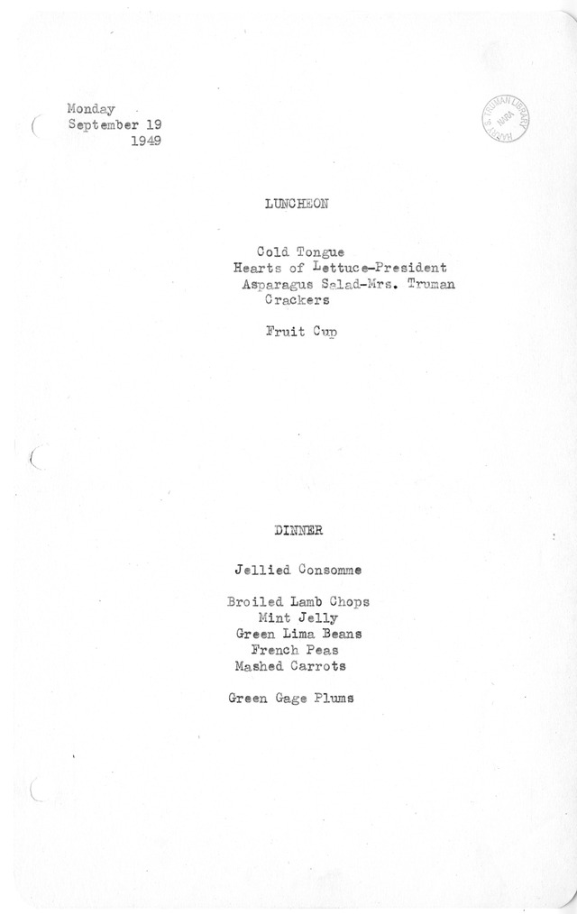 White House Luncheon and Dinner Menu