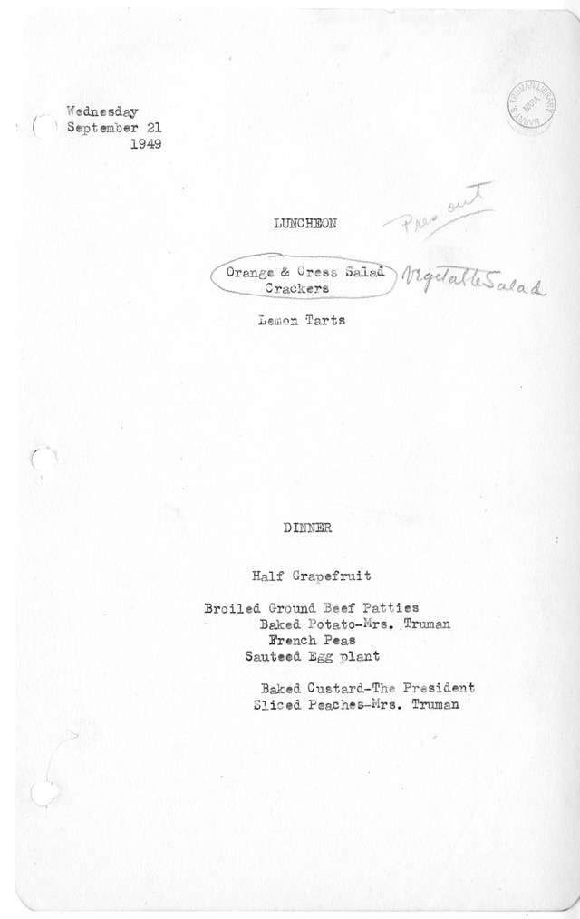 White House Luncheon and Dinner Menu