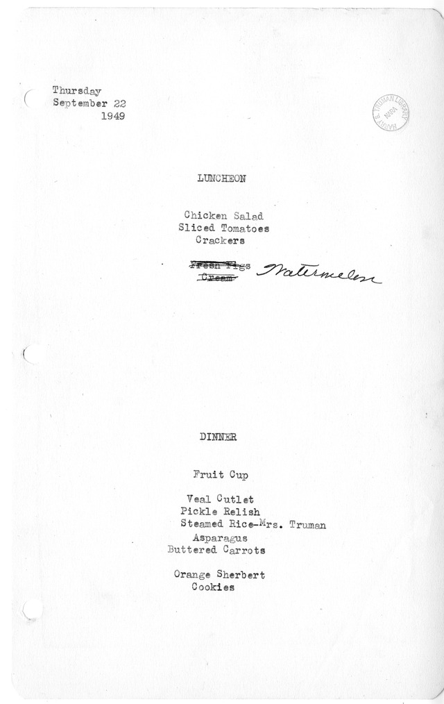 White House Luncheon and Dinner Menu