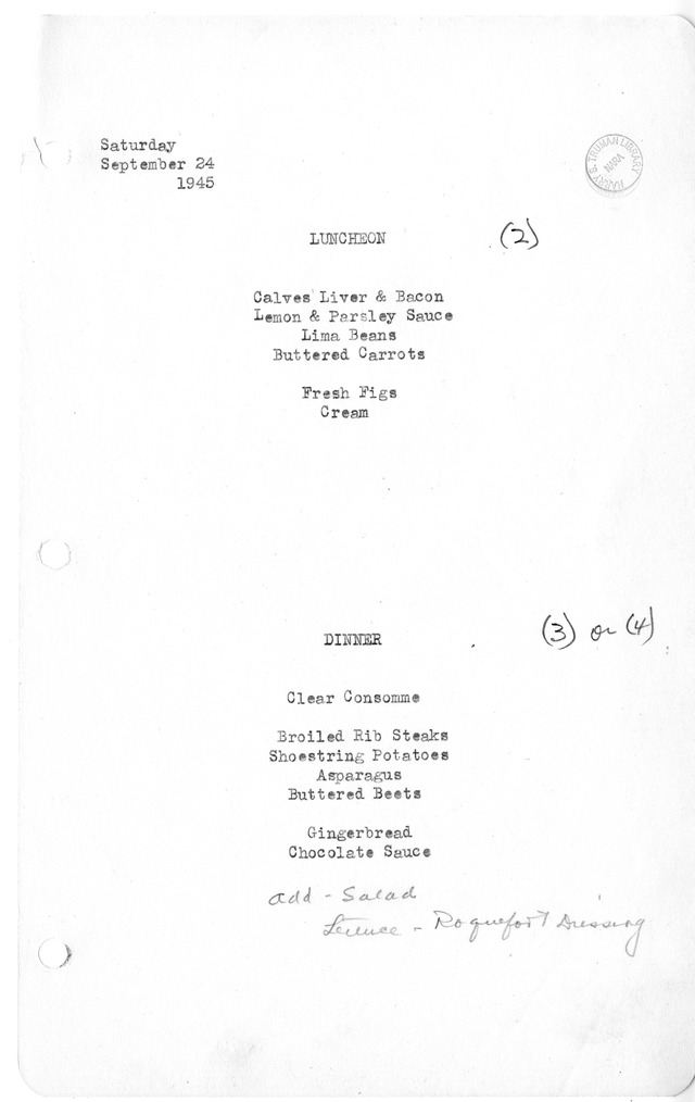 White House Luncheon and Dinner Menu