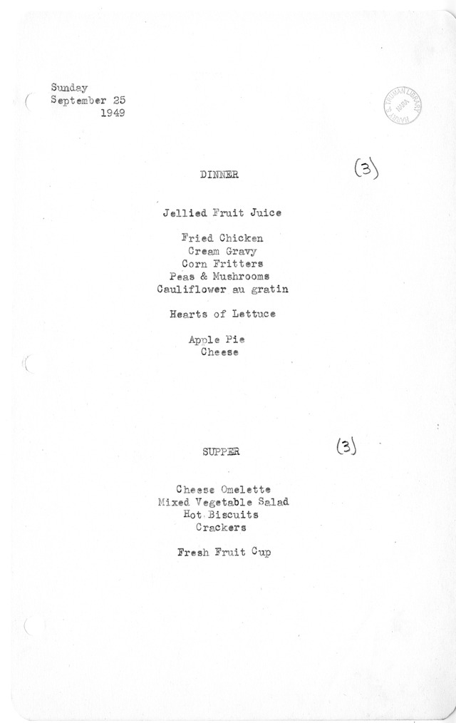 White House Dinner and Supper Menu