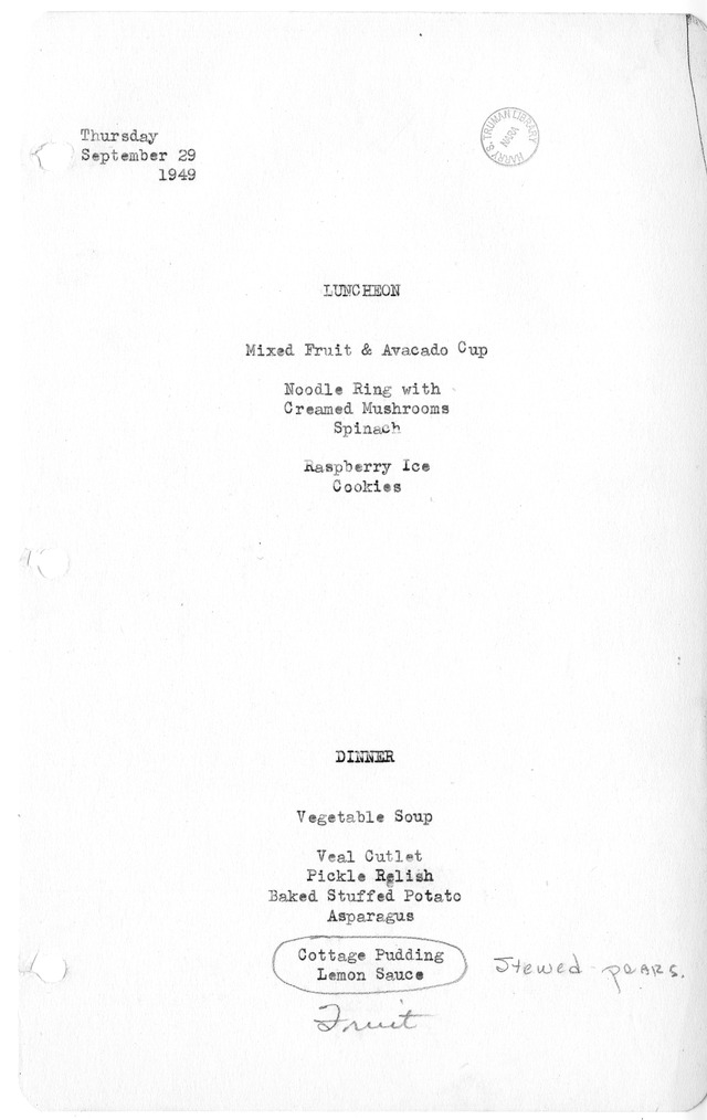 White House Luncheon and Dinner Menu