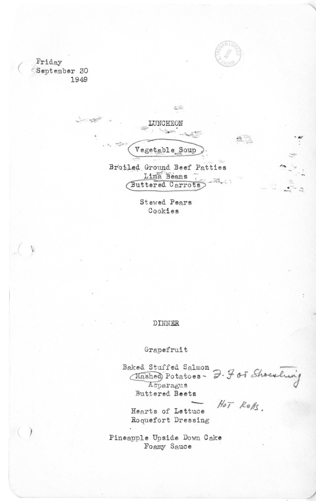 White House Luncheon and Dinner Menu