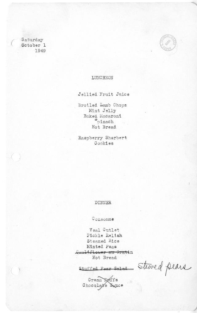 White House Luncheon and Dinner Menu