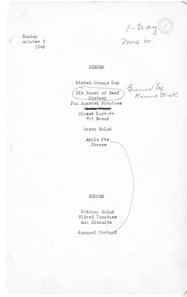 White House Dinner and Supper Menu