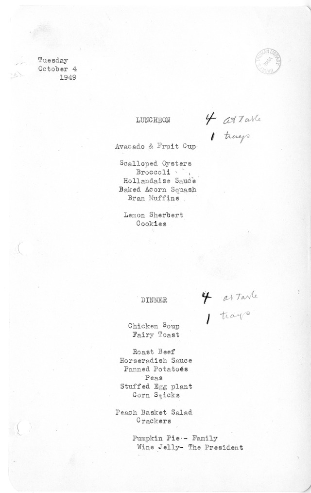 White House Luncheon and Dinner Menu
