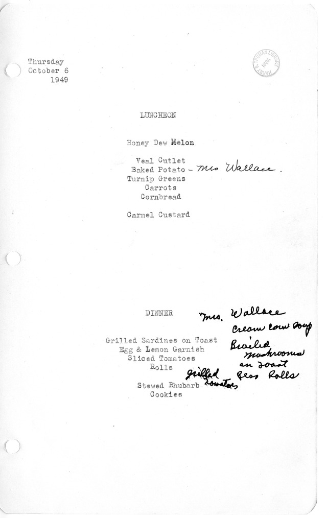 White House Luncheon and Dinner Menu