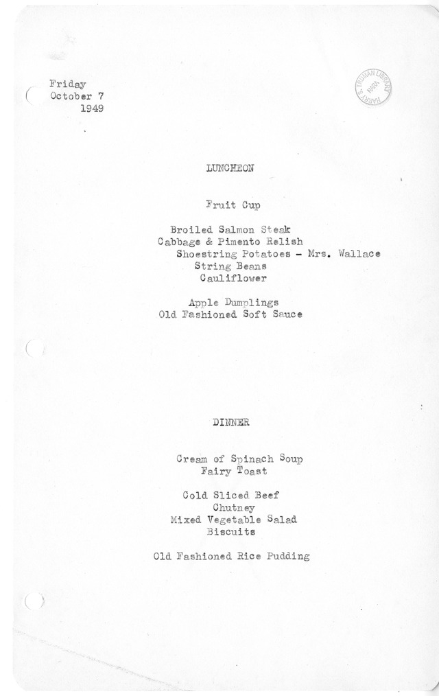 White House Luncheon and Dinner Menu