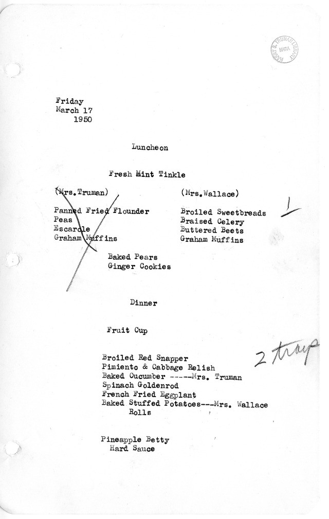 White House Luncheon and Dinner Menu