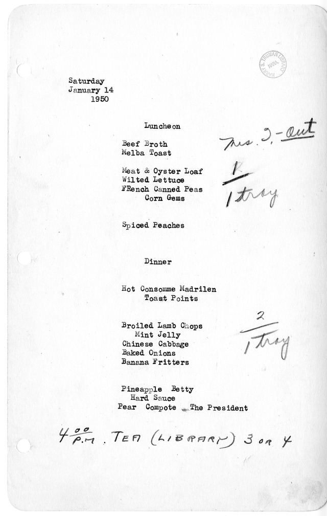 White House Luncheon and Dinner Menu